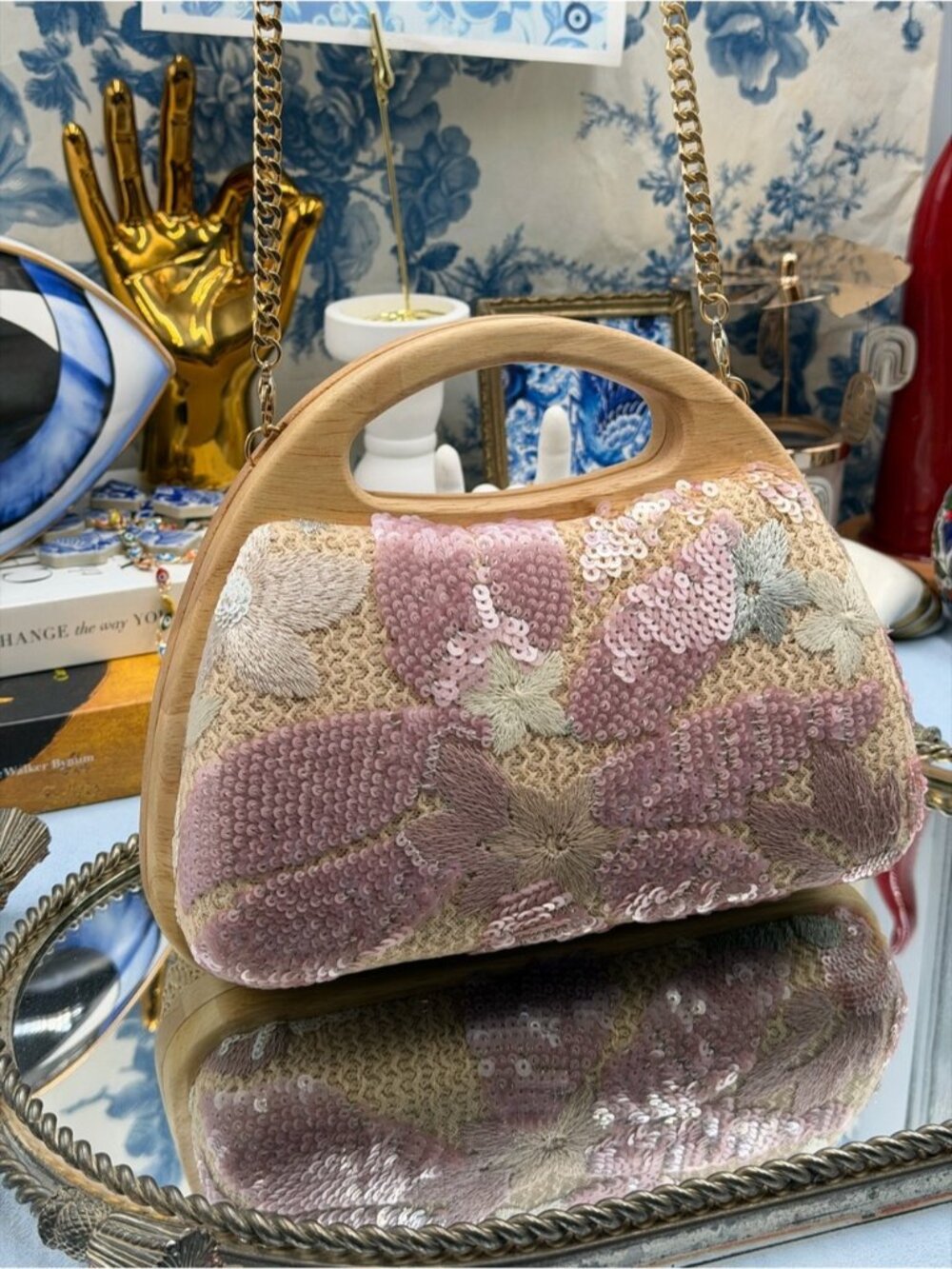 🆕 HAUTE HIPPIE 🧿 NWOT Floral Sequin & Crochet Wooden Clutch w Chain, Pink - Picture 5 of 16